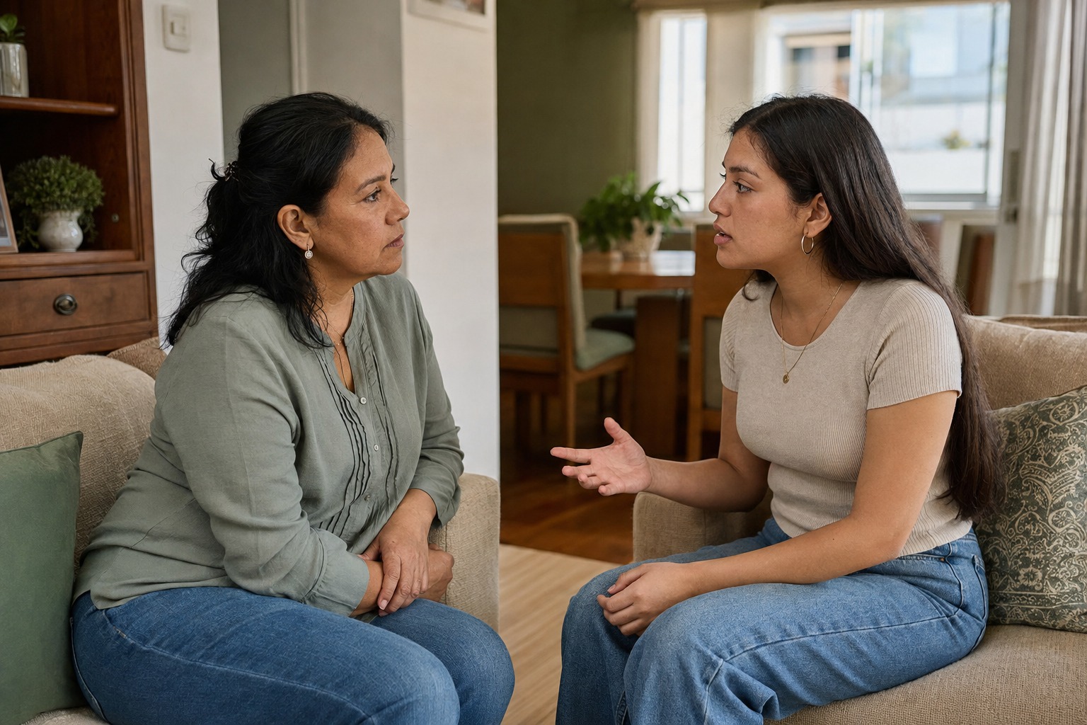 Madre e hija joven conversan frente a frente en una sala familiar
